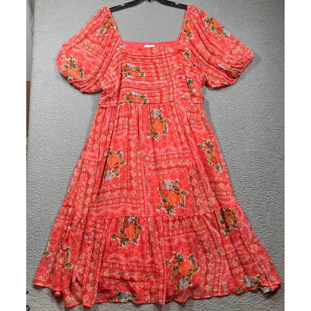 Coral Floral Puff-Sleeve Midi Dress